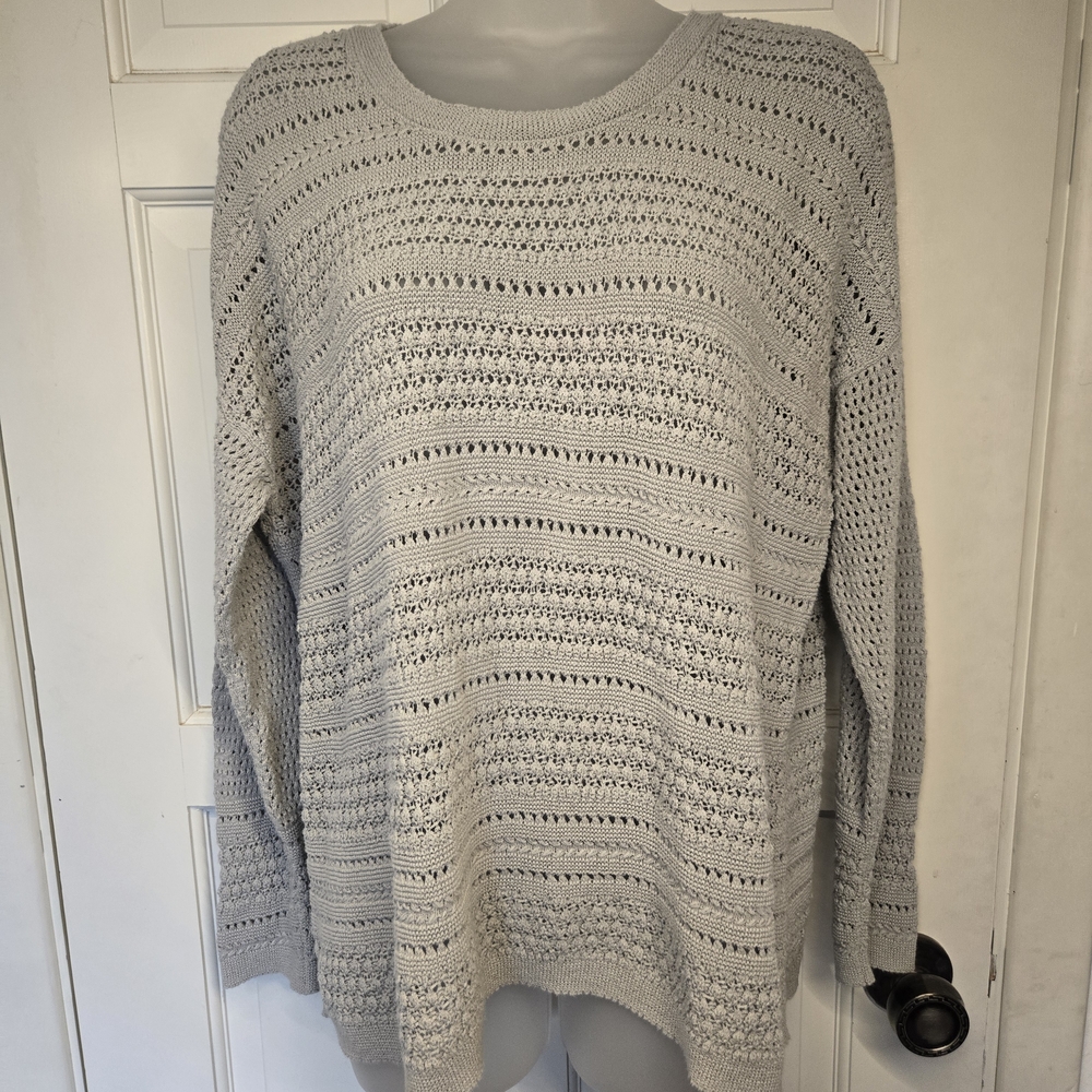 J. Jill Light Gray Open-Knit Scoop Neck Sweater